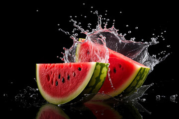 Juicy pieces of ripe watermelon in a splash of water. Generative AI.