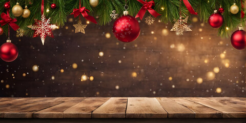 Empty wooden table with christmas theme in background.