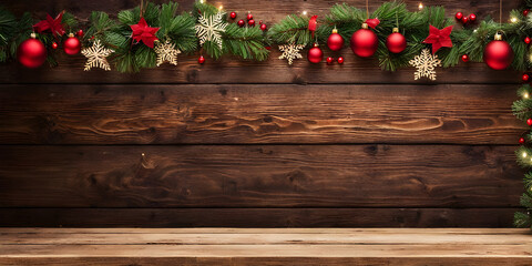 Empty wooden table with christmas theme in background.