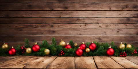 Empty wooden table with christmas theme in background.