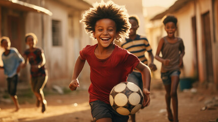 African children in poor slums Have fun tapping balls on the soccer field in the slum village. Group of fun African children - obrazy, fototapety, plakaty