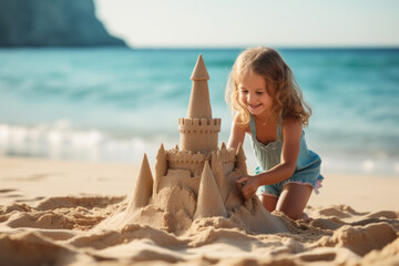 Girl playing on the beach on summer vacation Little girl builds a sand castle with a blue ocean background. Enjoy the summer vacation. Have fun on the beach - obrazy, fototapety, plakaty
