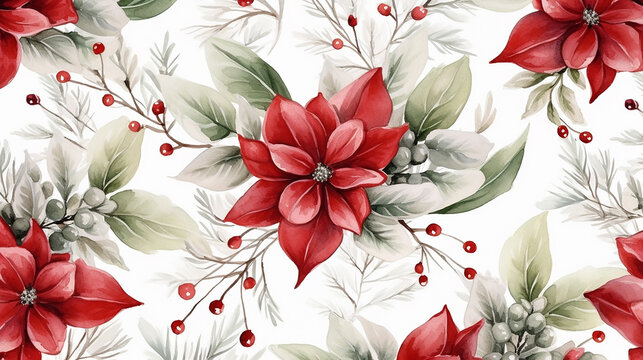Christmas seamless pattern winter floral watercolor. simple design for greeting card