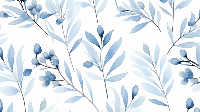 seamless pattern of watercolor eucalyptus true blue branches on white background