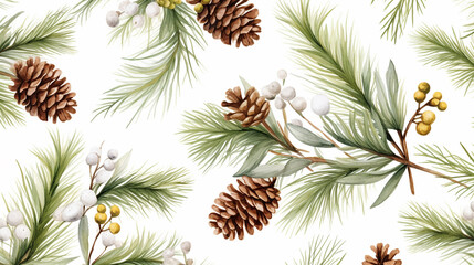 watercolor Christmas seamless pattern with poitia pine on white background