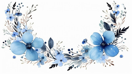 Fototapeta na wymiar beautiful watercolor floral background round frame with blue flower design