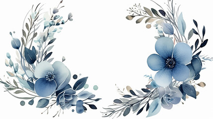 beautiful watercolor floral background round frame with blue flower design on white background