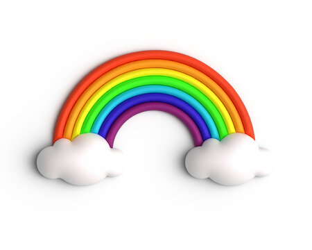 colourful 3D render rainbow arc and clouds on isolated in sky blue background bright colors cartoon style icon minimal, cute realistic plastic weather, LGBT community, holiday object seasonal concept