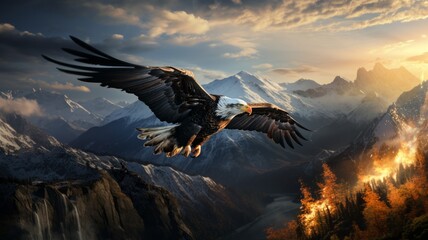 Bald Eagle Soaring Through Wintry Mountain Landscape - Powered by Adobe