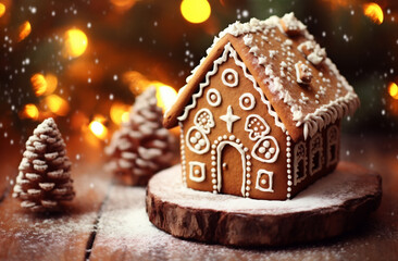 Gingerbread house in snow with bokeh lights on background