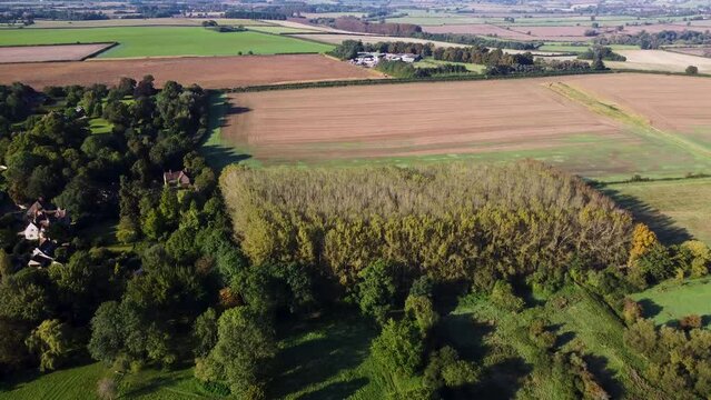Aerial view of plowed and fallow fields in the English countryside
