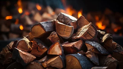 Zelfklevend Fotobehang A closeup of a large group of firewood logs. © senadesign