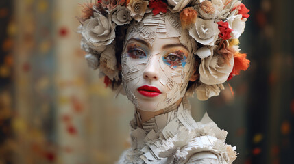 Portrait of a woman wearing papier-mâché and a flower hat. Circus or carnival worker. Mardi Gras. Room for copy.