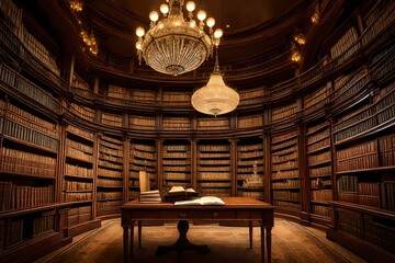  a beautiful library with towering shelves of antique books, bathed in the soft glow of chandeliers.