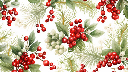 seamless watercolor Christmas pattern with berries and spruce
