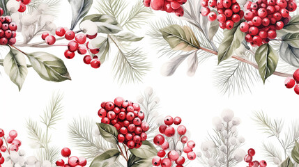 seamless watercolor Christmas pattern with berries and spruce on white background