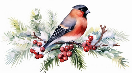 watercolor Christmas card template with bullfinch and winter design on white background