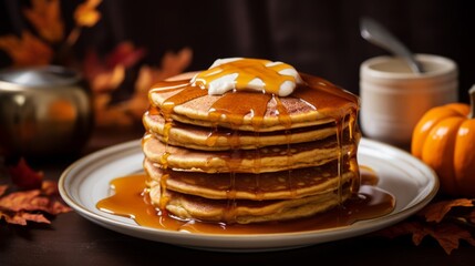 Fluffy Pumpkin Spice Pancakes, Drizzled with Maple Syrup 