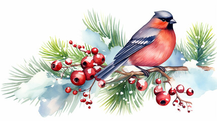 watercolor Christmas card template with bullfinch and winter design