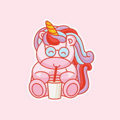 Cute unicorn drink milk cartoon icon vector illustration 