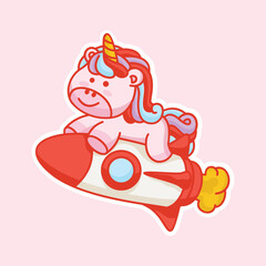 Cute unicorn fly with rocket cartoon icon vector illustration 