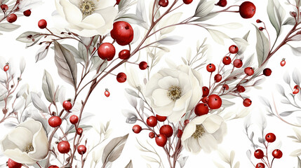 winter floral pattern with white flowers red rose hips and different branches