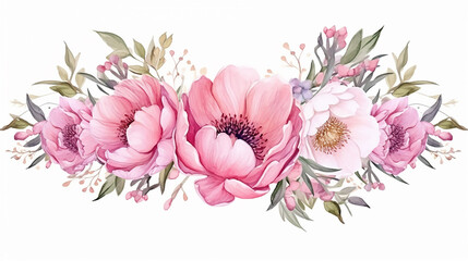 floral watercolor peony flower frame. wreath with tropical leaves and flowers. - obrazy, fototapety, plakaty