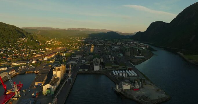 Industrial park and dock in beautiful city of Mosjoen, Northern Norway