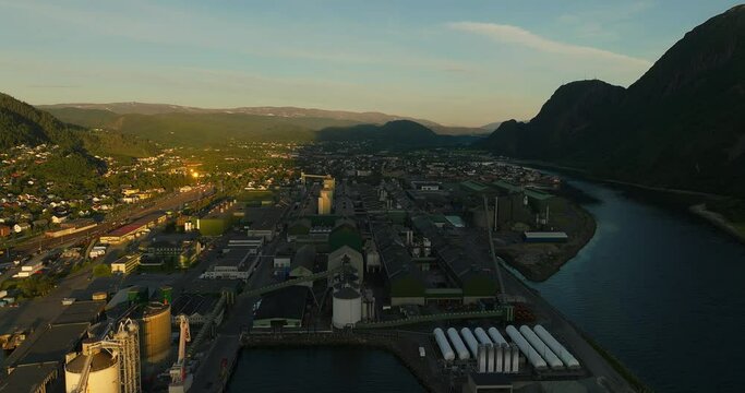 Mosjoen City, shipping and industry location. Economy in Norway. Aerial