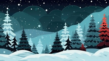 Winter card. Snowy pine forest at night. 