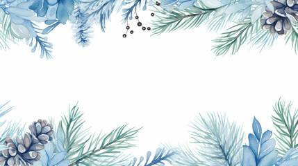 watercolor Christmas frame with fir branches on white background