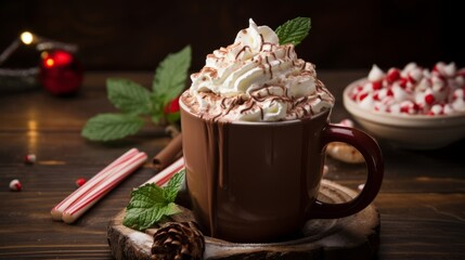Obraz na płótnie Canvas Mug of Hot Chocolate with a Whipped Cream on Top with a Mint Leaf