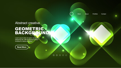 Naklejka premium Abstract background landing page, geometric shape illuminated with glowing neon light on dark background. Futuristic city lights concept