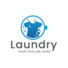 laundry logo in shades of blue and white, with bubbles for washing clothes, simple logo, creative logo