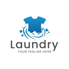 laundry logo in shades of blue and white, with bubbles for washing clothes, simple logo, creative logo