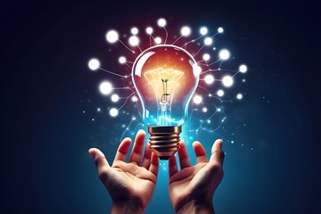 Businessman hand holding light bulb and smart brain inside and innovation icon network connection, innovative technology in science and artificial intelligence technology. - obrazy, fototapety, plakaty