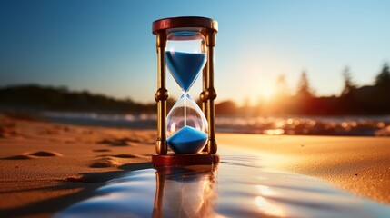 Hourglass on the sand on the beach at sunset. Concept of time passing.