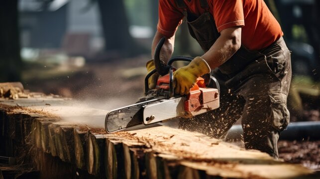 Carpenter cutting a log with a chainsaw in his workshop