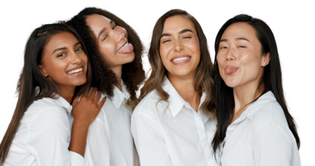 Women, friends and diversity for skincare, beauty and cosmetics for inclusion, funny face and love. Happy people, smile and together with hug on isolated or transparent png background with tongue out