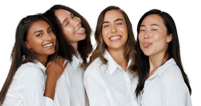 Women, friends and diversity for skincare, beauty and cosmetics for inclusion, funny face and love. Happy people, smile and together with hug on isolated or transparent png background with tongue out