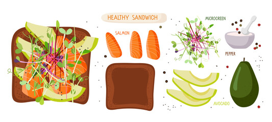 Healthy toast and ingredients. Recipe for useful snack with avocado, salmon, micro green, ground pepper. For menu, cafe, restaurant, poster, banner, sticker. Healthy eating. Avocado, salmon sandwich.