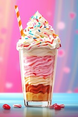 Delicious milkshake in a tall glass with whipped cream and toppings. 