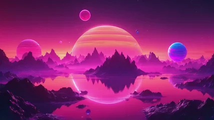 Küchenrückwand glas motiv Rosa Planeta espacio sistema solar universo constelación lago montañas purple fucsia