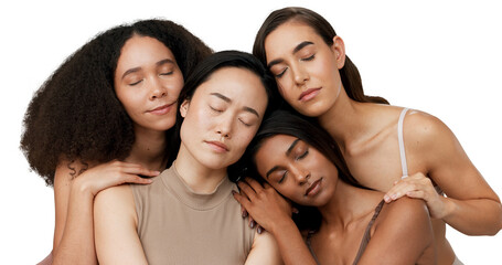 Diversity, beauty and women with eyes closed for cosmetics, wellness and dermatology for glow. Female model, comparison and unique for inclusion on isolated or transparent png background for skincare