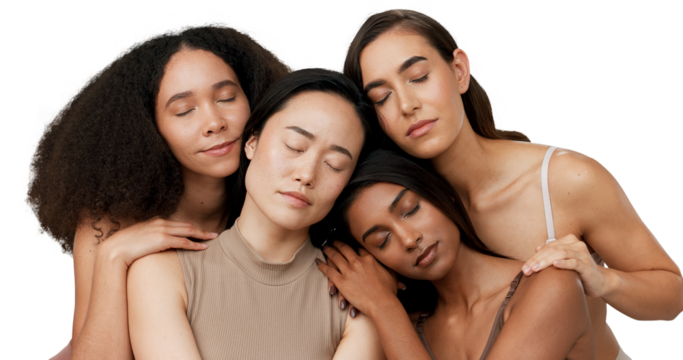 Diversity, beauty and women with eyes closed for cosmetics, wellness and dermatology for glow. Female model, comparison and unique for inclusion on isolated or transparent png background for skincare