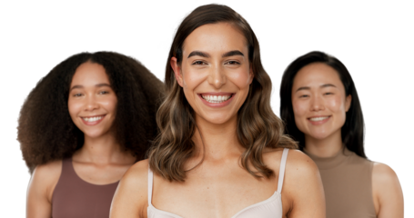 Portrait, woman and friend for wellness in beauty, facial cosmetics, or self care with smile. Diverse group, model and female empowerment on isolated or transparent png background for dermatology