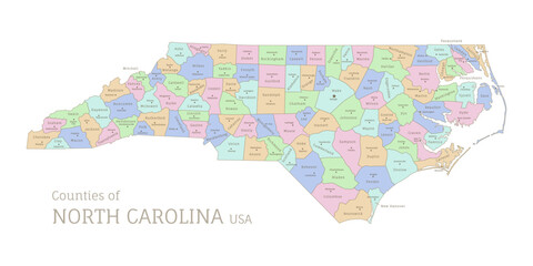 Fototapeta na wymiar Counties of North Carolina federal state, administrative map of USA. Highly detailed color map of American region with territory borders and counties names labeled vector illustration