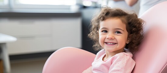 Adorable child in dentist's seat, eyeing the camera.