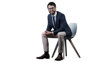 Businessman, portrait and smile on chair with idea for future planning, wealth or growth with...