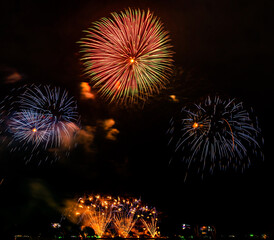 Fireworks show under defocus or blur concepts with isolated black background at night, this celebration is for the International Fireworks Festival in Pattaya on Nov 24-25 in Thailand